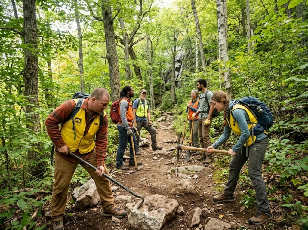 Volunteer climbing stewardship crew building sustainable trail at an Adopt-a-Crag event 