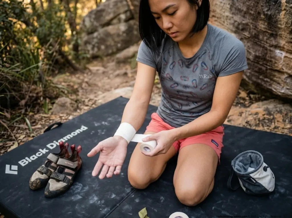 Boulderer uses climbing tape to remove seed tick cluster from forearm at bouldering area