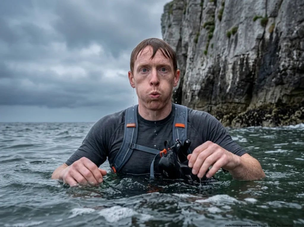 Climber surfacing in cold water after deep water solo fall breathing deliberately to avoid cold shock