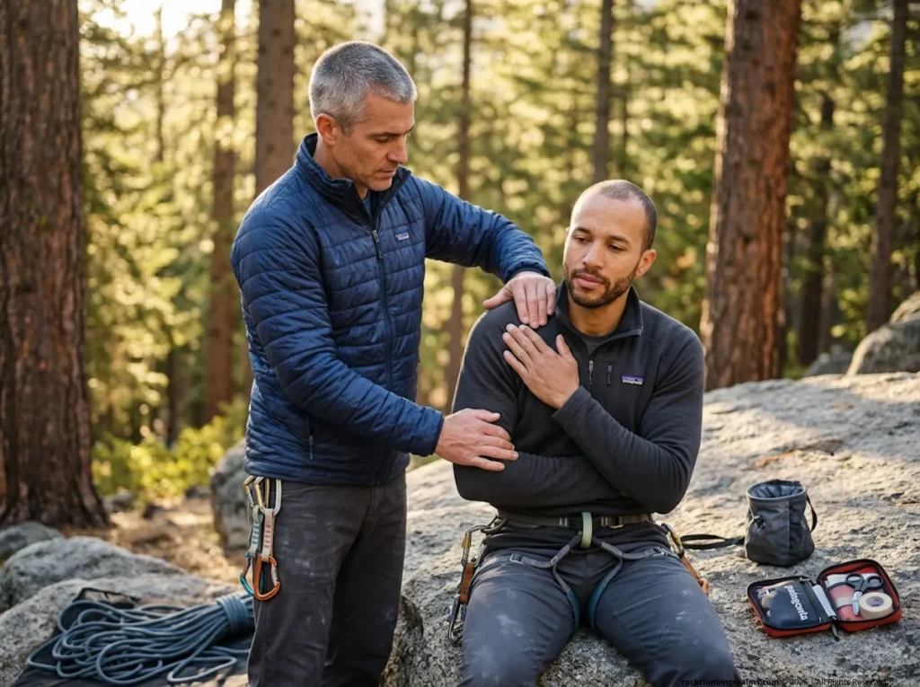 Experienced climber performing Cunningham shoulder reduction technique on seated partner in a forest setting