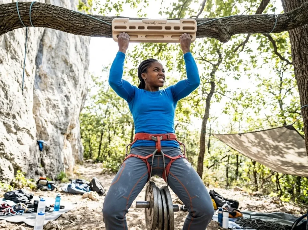 Female athlete performing a max hangboard test to establish objective benchmarks and a realistic plan for climbing strength.