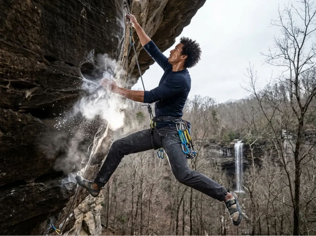 Climber clipping anchors on an overhanging Nutall Sandstone sport route at Denny Cove near Chattanooga Tennessee