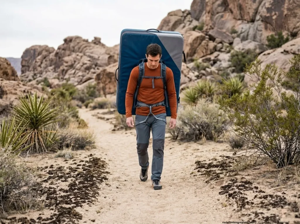 Climber carrying pad staying on designated desert trail