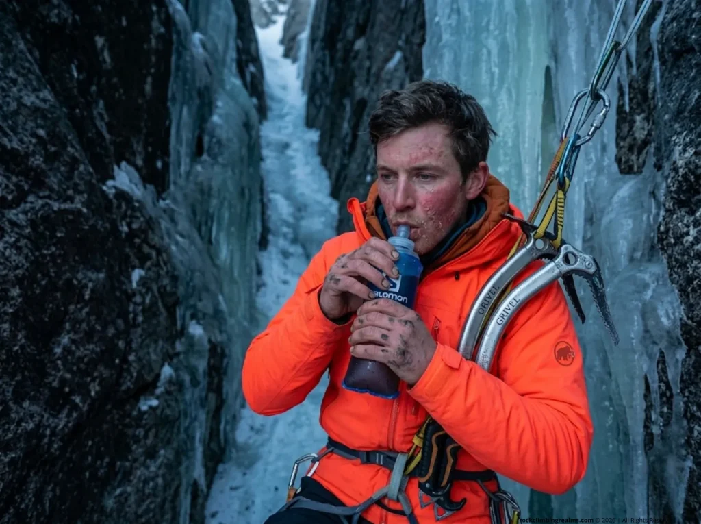 Alpinist hanging from an anchor drinking liquid calories to manage digestive engineering in a freezing ice couloir