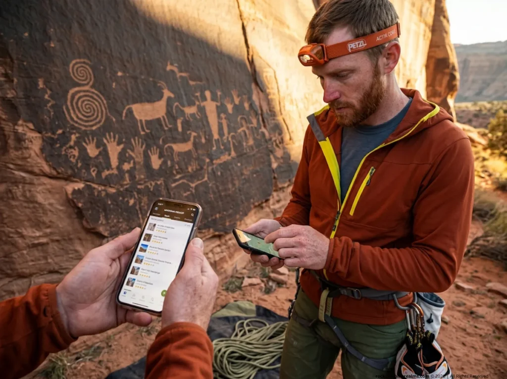 Climber checking Mountain Project on phone at crag with ancient rock art panel visible on sandstone wall behind