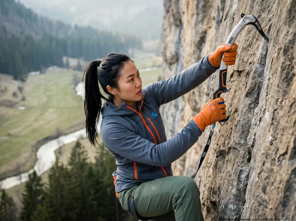 Female drytooler hooking modified Petzl pick on limestone feature at drytooling crag