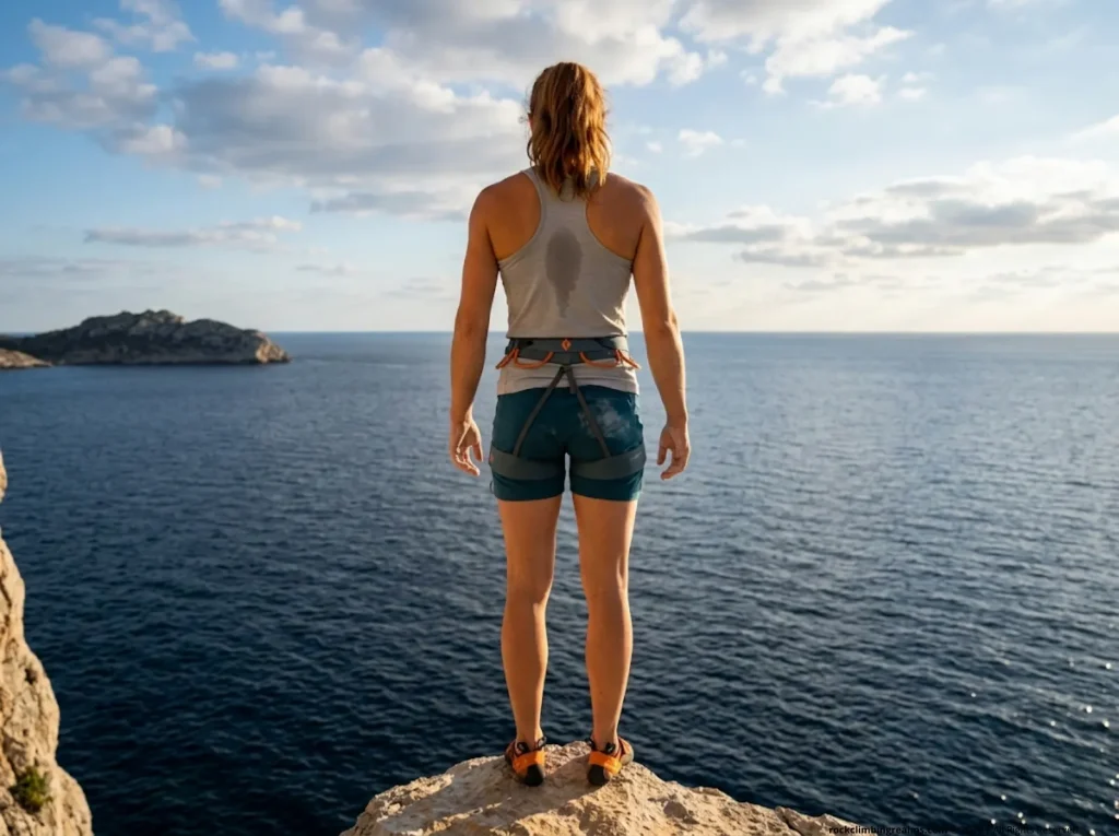 Climber mentally preparing on cliff edge before deep water solo jump building commitment