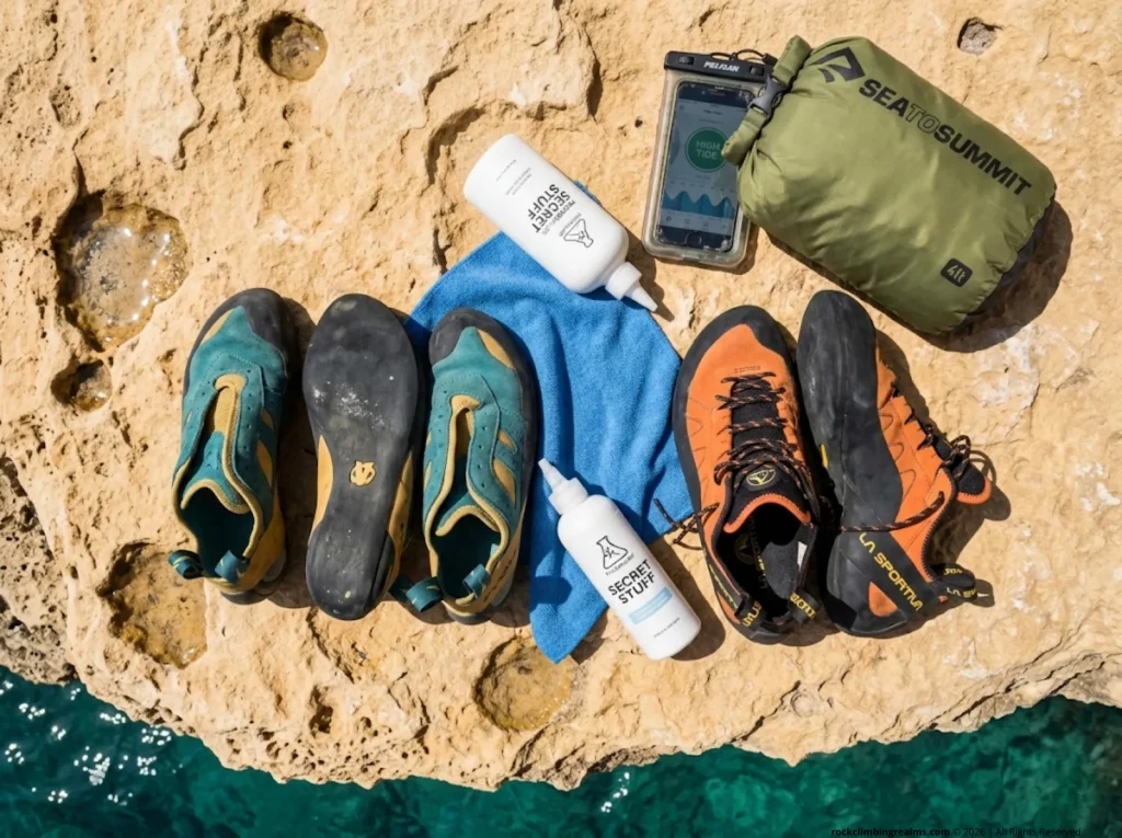 Deep water soloing gear laid out on rock ledge with two pairs of climbing shoes liquid chalk and towel