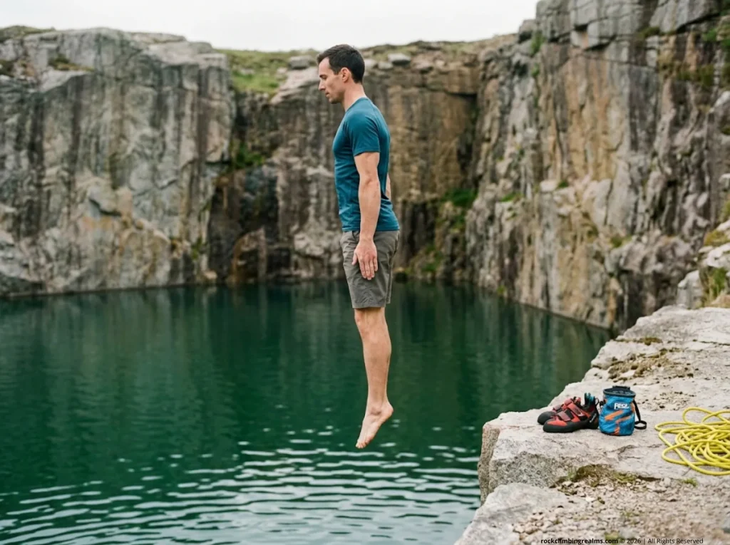 Climber practicing pencil entry technique from low rock ledge into calm lake water