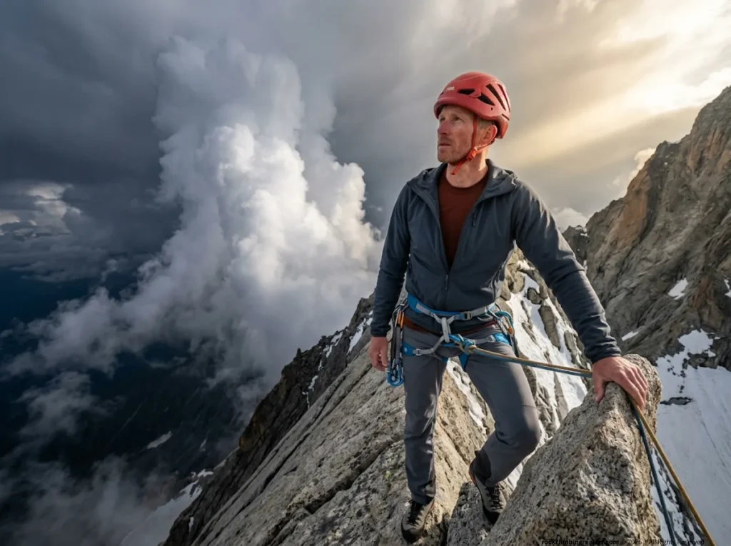 Alpine climber mid-pitch pausing to assess dynamic weather risk on exposed ridge