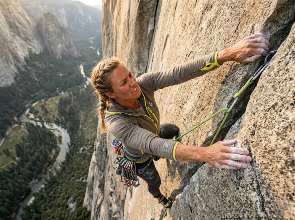 Female rock climber locking off on vertical granite showing the intense energetics of technical ascent and MET exertion