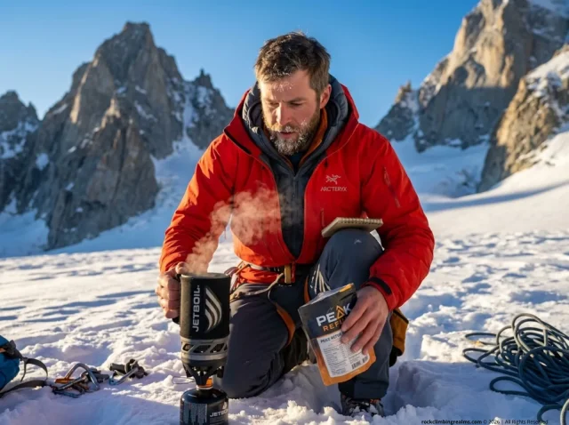 expedition-food-planning-calorie-calculator Alpinist using a JetBoil stove and expedition food planning calorie calculator at a snowy glacier basecamp at sunrise