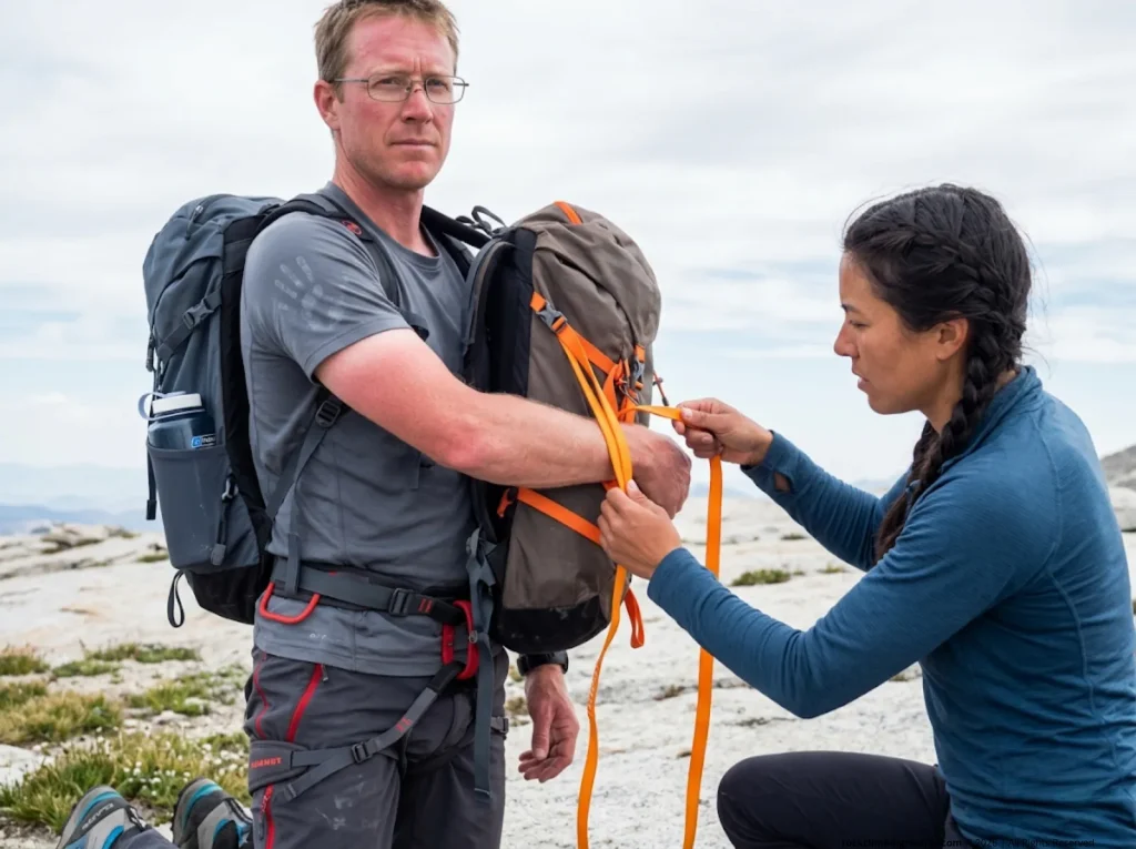 Climber being stabilized in external rotation using a backpack bolster and sling after shoulder reduction