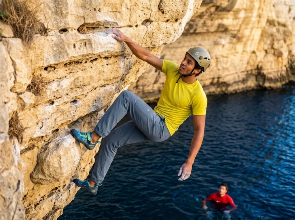 Beginner climber on first deep water solo session climbing low overhang above blue water