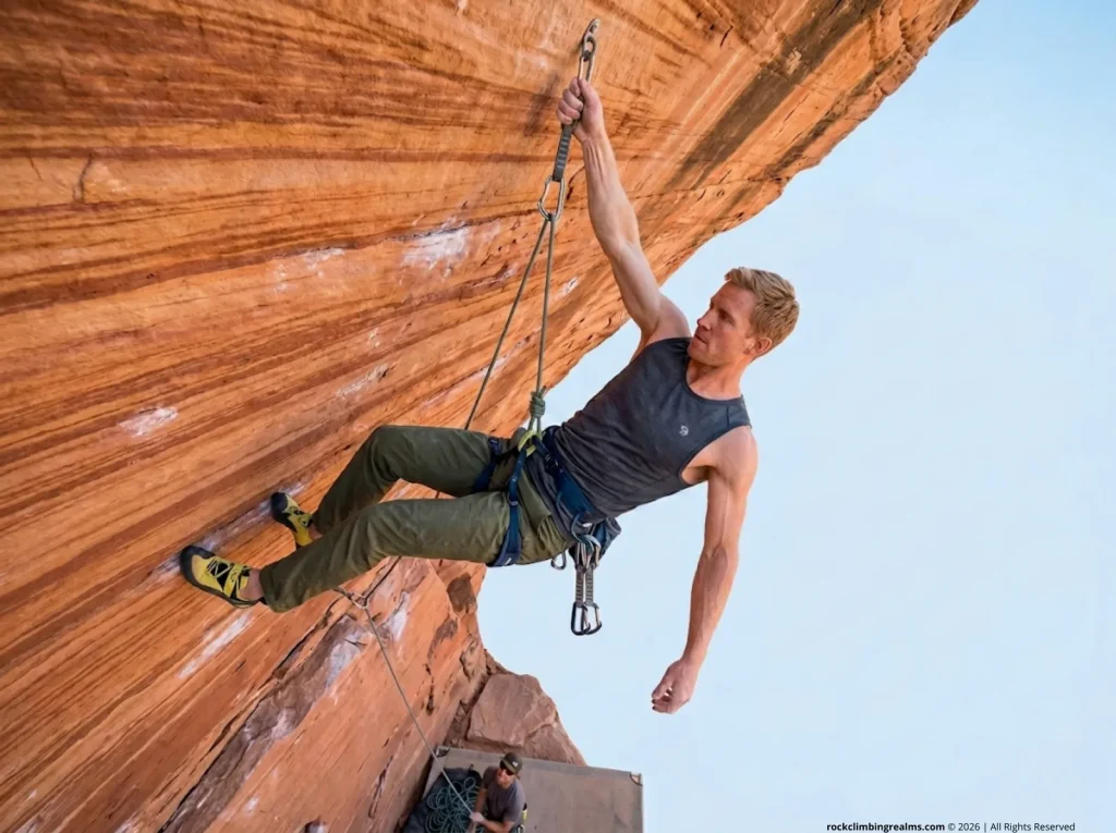 Climber shaking out pumped forearms on overhanging sport route at crag