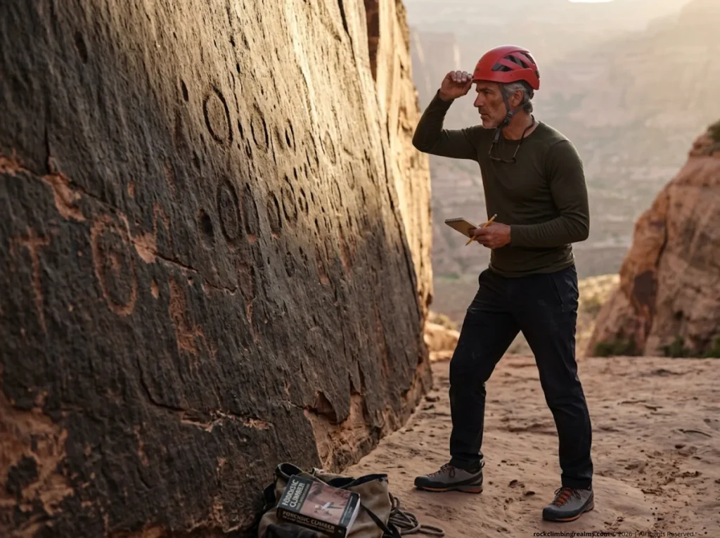 Experienced climber scanning dark sandstone wall with helmet to identify ancient petroglyphs before climbing