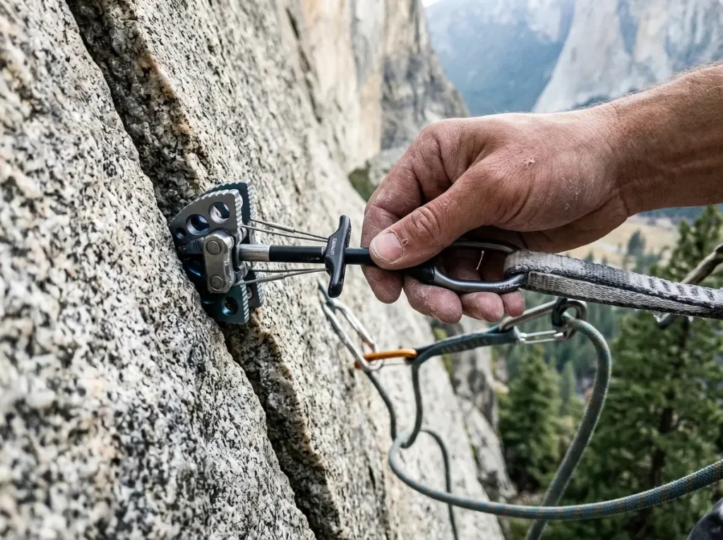 Close-up of a climber placing a camming device in a granite crack with the rope clipped for fall protection