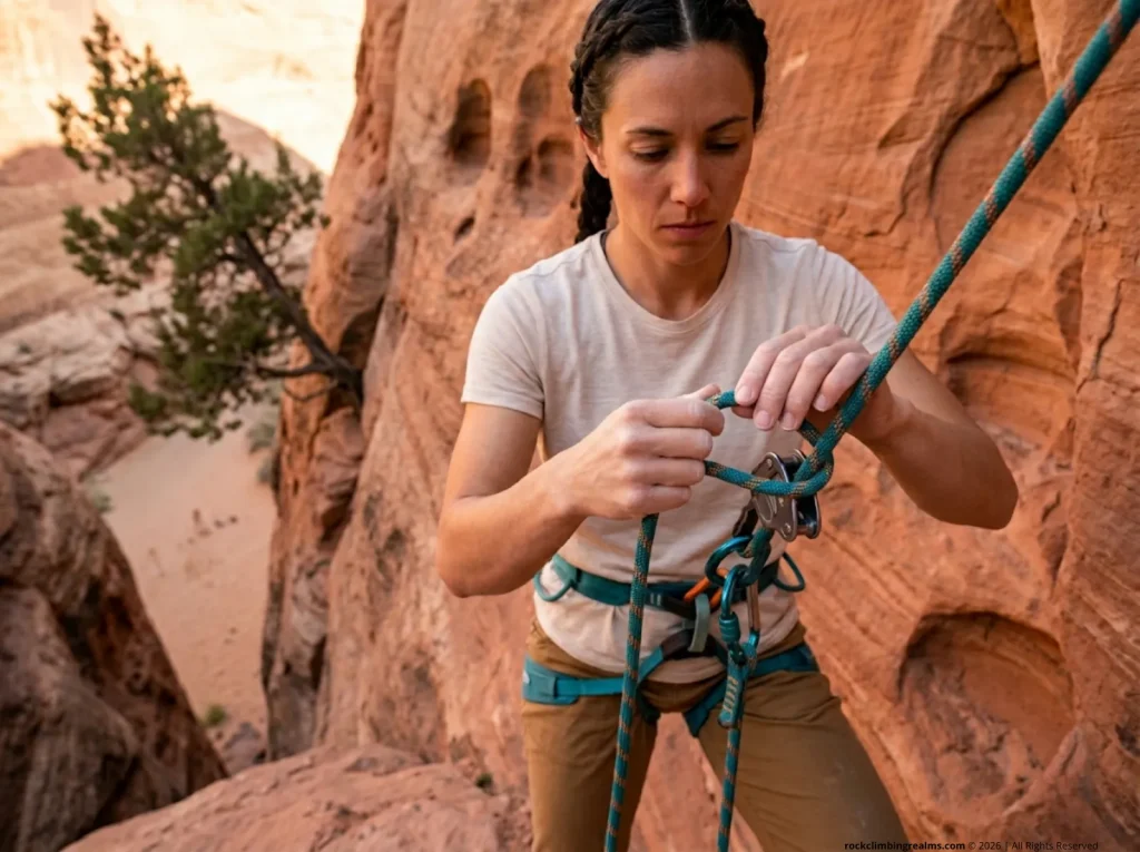 Female climber tying Sterling Hollowblock autoblock friction hitch as third hand backup on rappel brake strand
