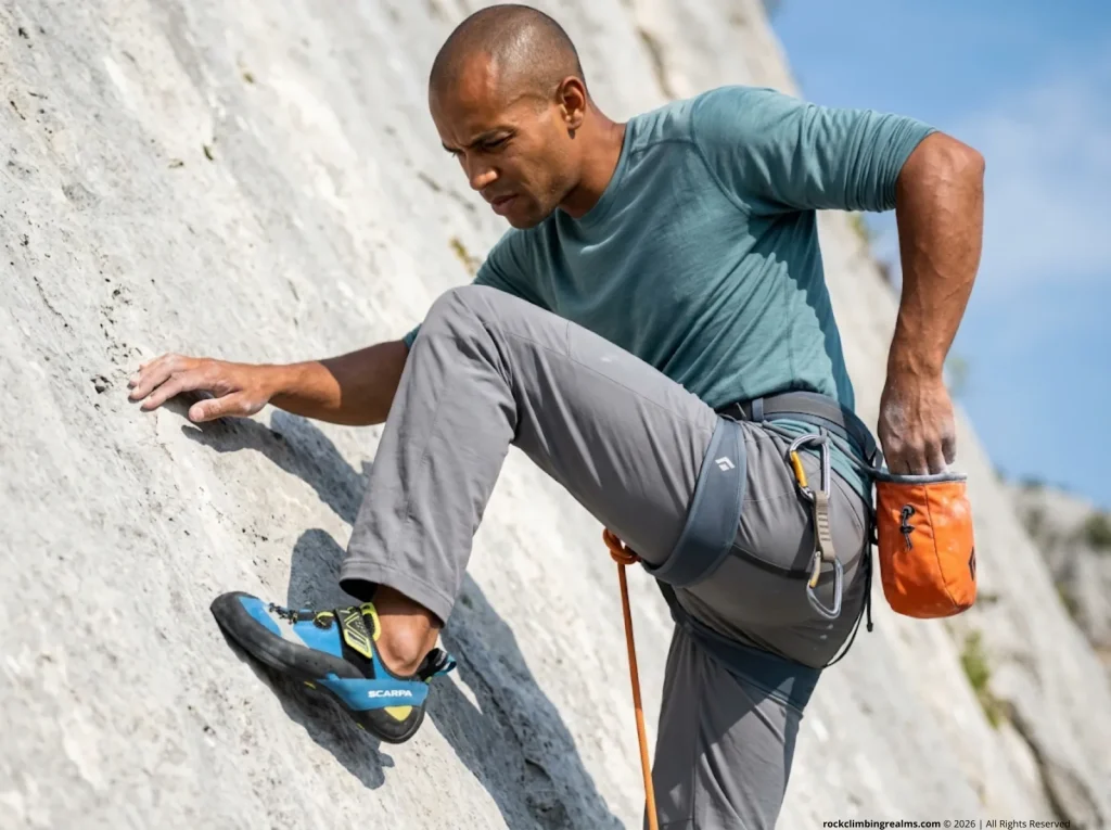 Climber maximizing normal force on a polished limestone smear rest to overcome low friction conditions