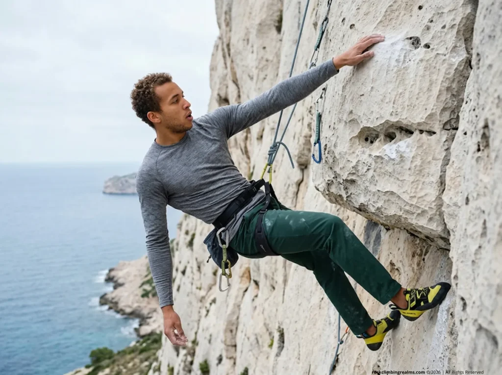 Climber executing G-Tox shakeout technique at a jug rest to accelerate forearm blood flow recovery
