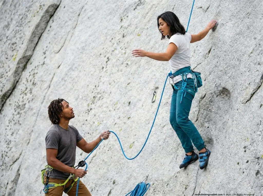 Two climbers practicing a deliberate lead fall drill to build gear trust and belayer communication for managing climbing anxiety