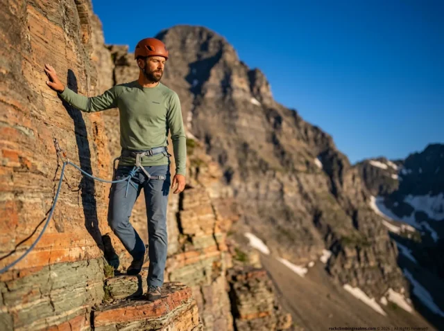 glacier-national-park-climbing-guide-hero Climber on exposed argillite ridge in Glacier National Park, helmet and harness ready for technical ascent