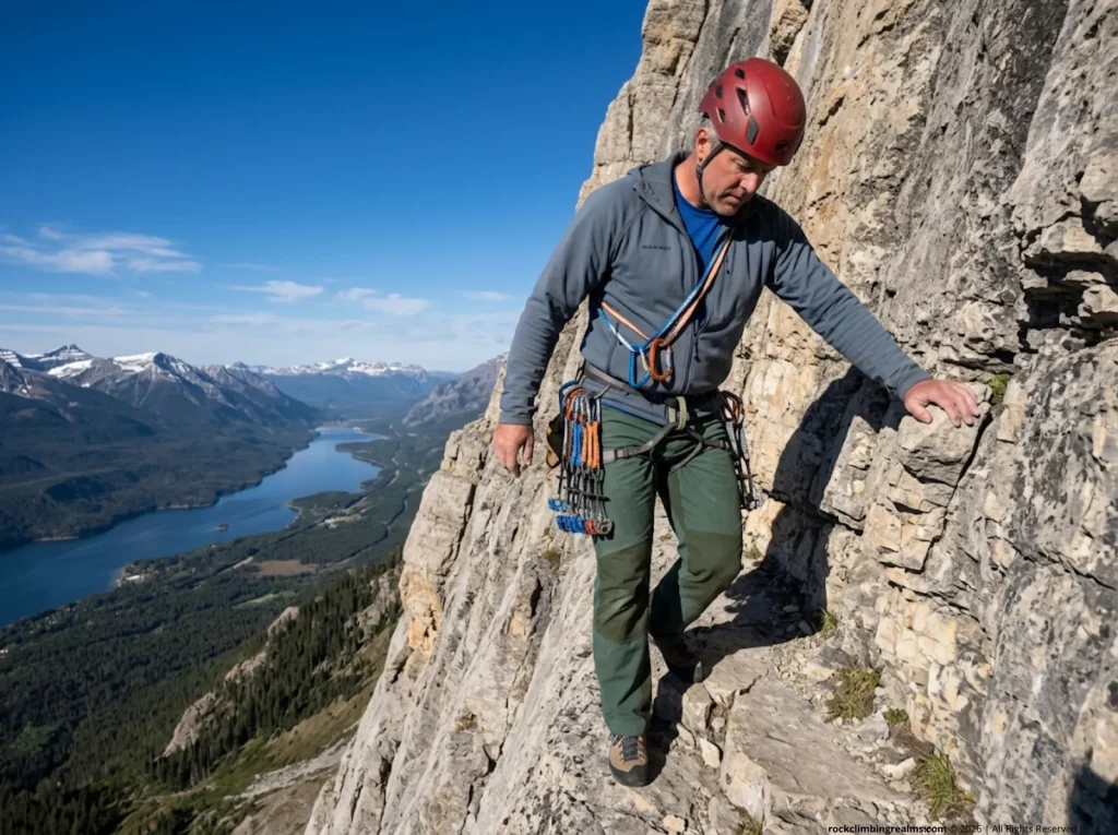 Technical climber on exposed GMS Class III ledge traverse above Glacier National Park valley, helmet and harness on