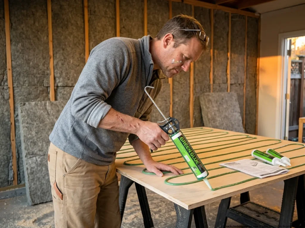 Builder applying Green Glue viscoelastic compound to climbing wall plywood panel for acoustic damping
