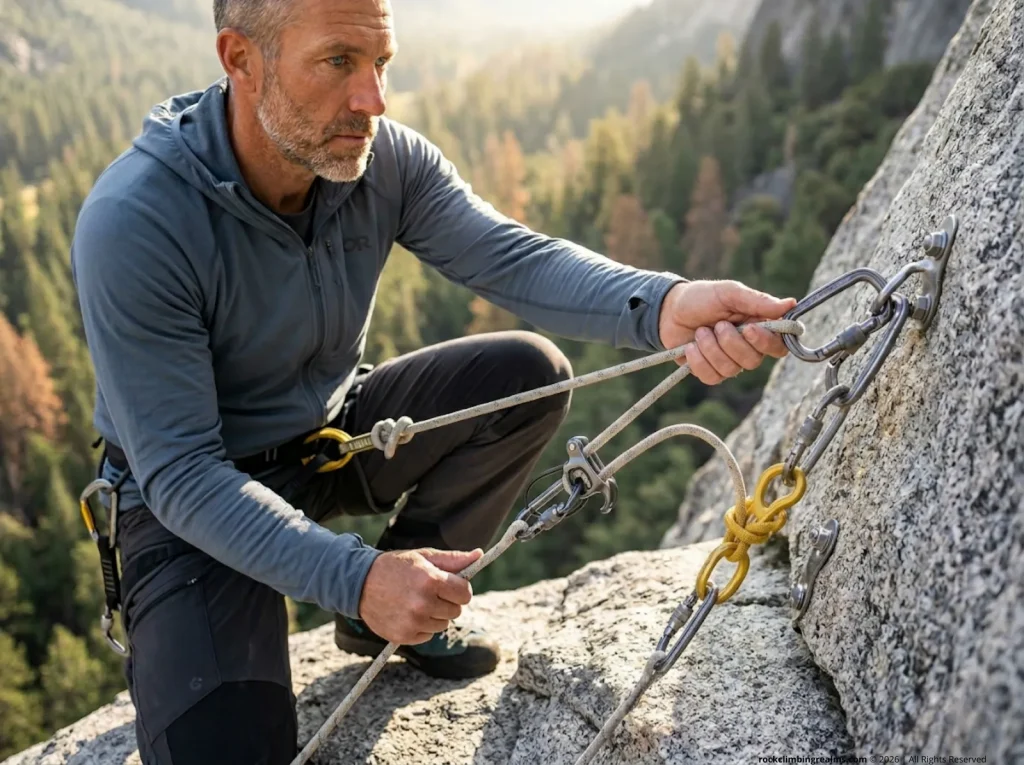 Climbing guide performing LSD lower method on Black Diamond ATC-Guide in guide mode at granite multi-pitch anchor