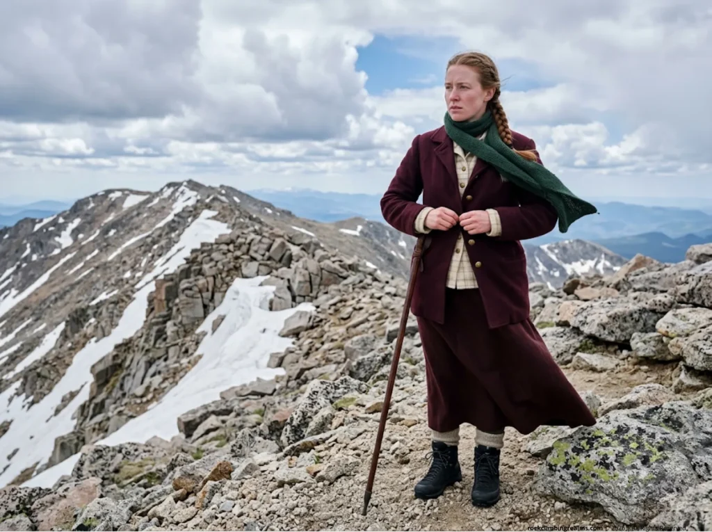 Victorian-era woman mountaineer adjusting wool layers on an alpine ridge, capturing the physical demands of early climbing