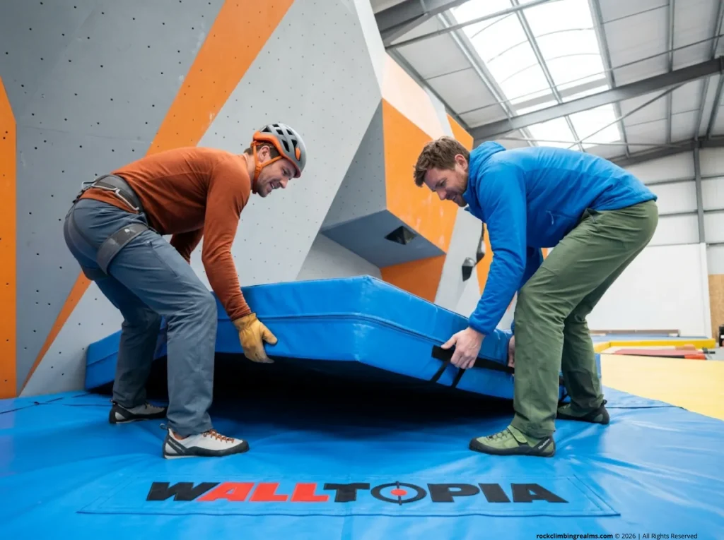 Construction workers installing thick high-density safety mats in a new climbing gym
