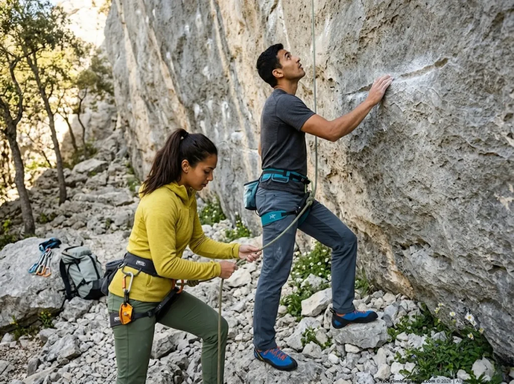 Climbers at the base of outdoor sport route checking tie-in knot for gym-to-crag safety 