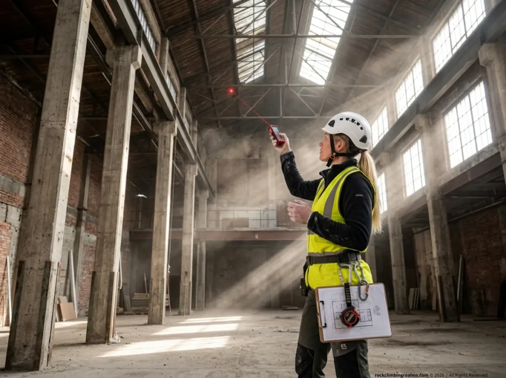 Structural engineer measuring warehouse ceiling height for a climbing gym build
