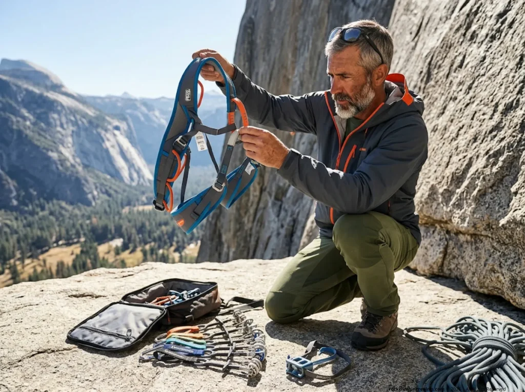 Experienced climber inspecting a climbing harness belay loop for UV damage at a Yosemite granite crag