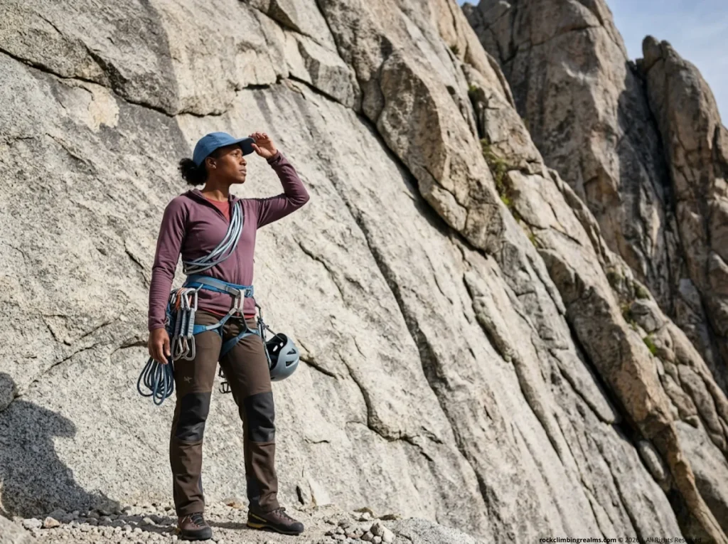 Female climber scanning cliff face for objective hazards at granite trad route base