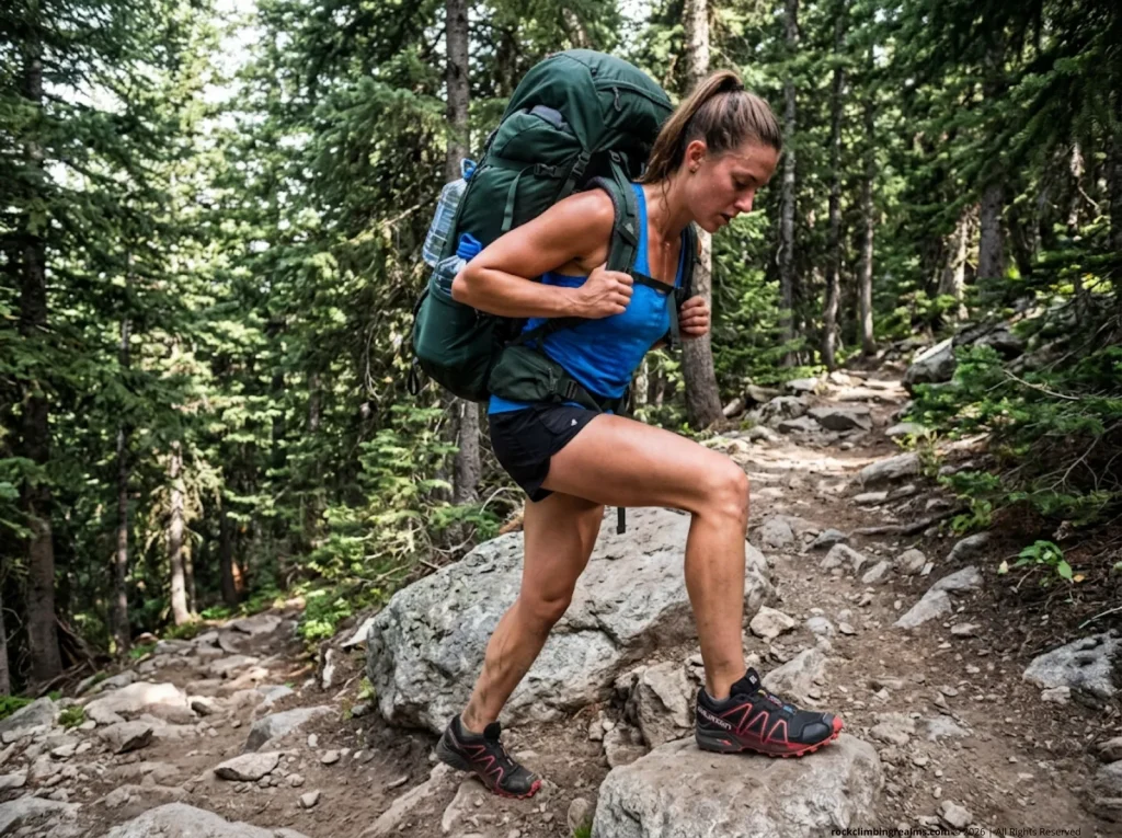 Female athlete doing uphill training steps with a heavy backpack