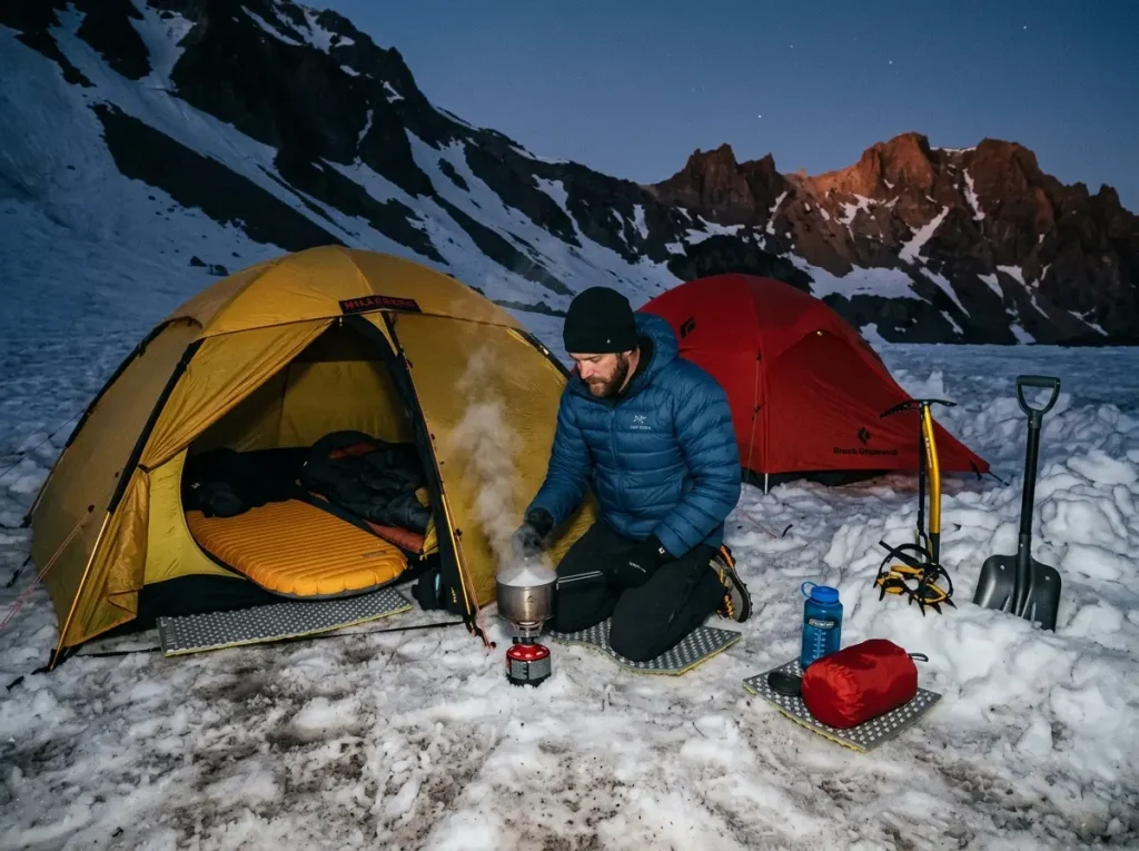 Tents and a climber melting snow on a stove at Helen Lake high camp on Mount Shasta