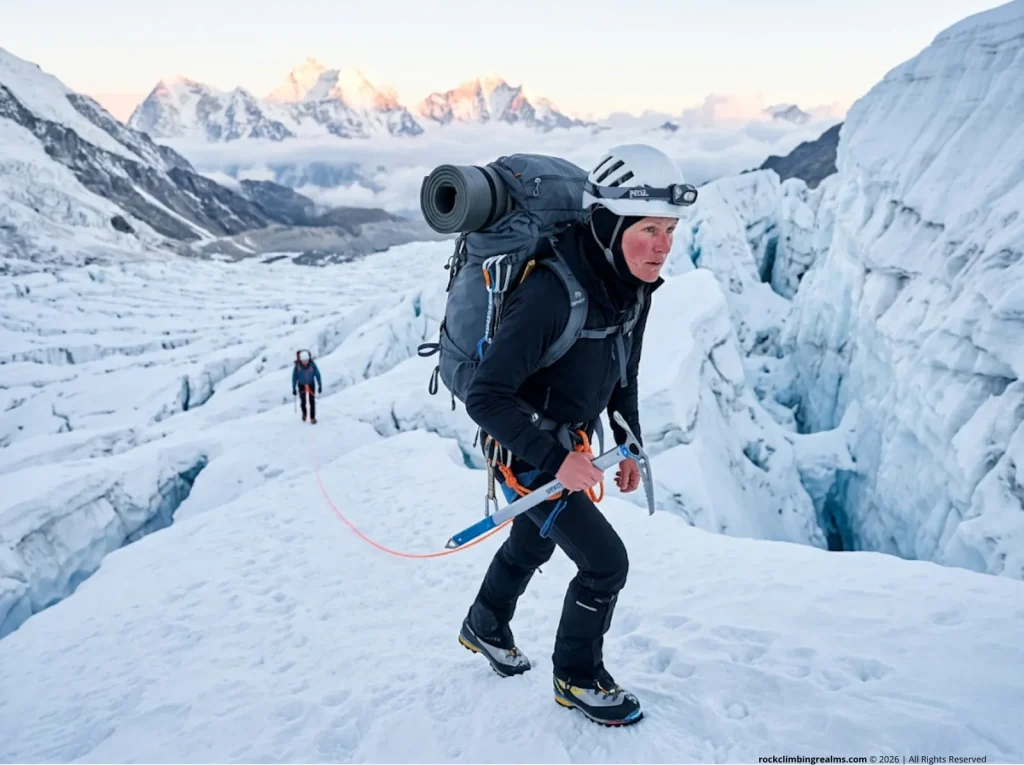 Female alpinist crossing a Himalayan glacier with Osprey pack and Grivel ice axe, demonstrating expedition self-sufficiency
