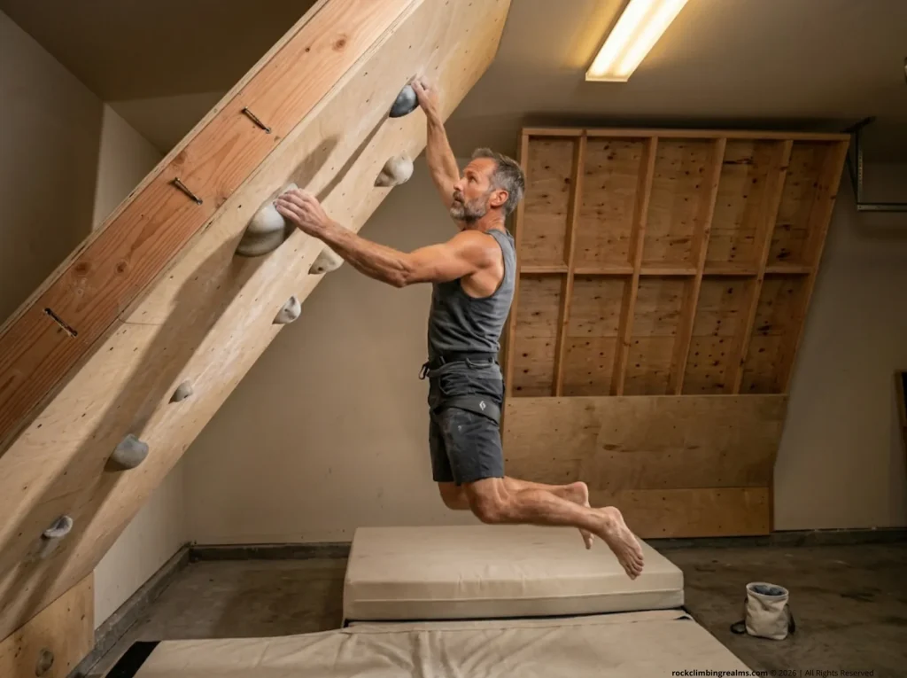Climber launching off a 45-degree home training wall, demonstrating dynamic load forces on the framing