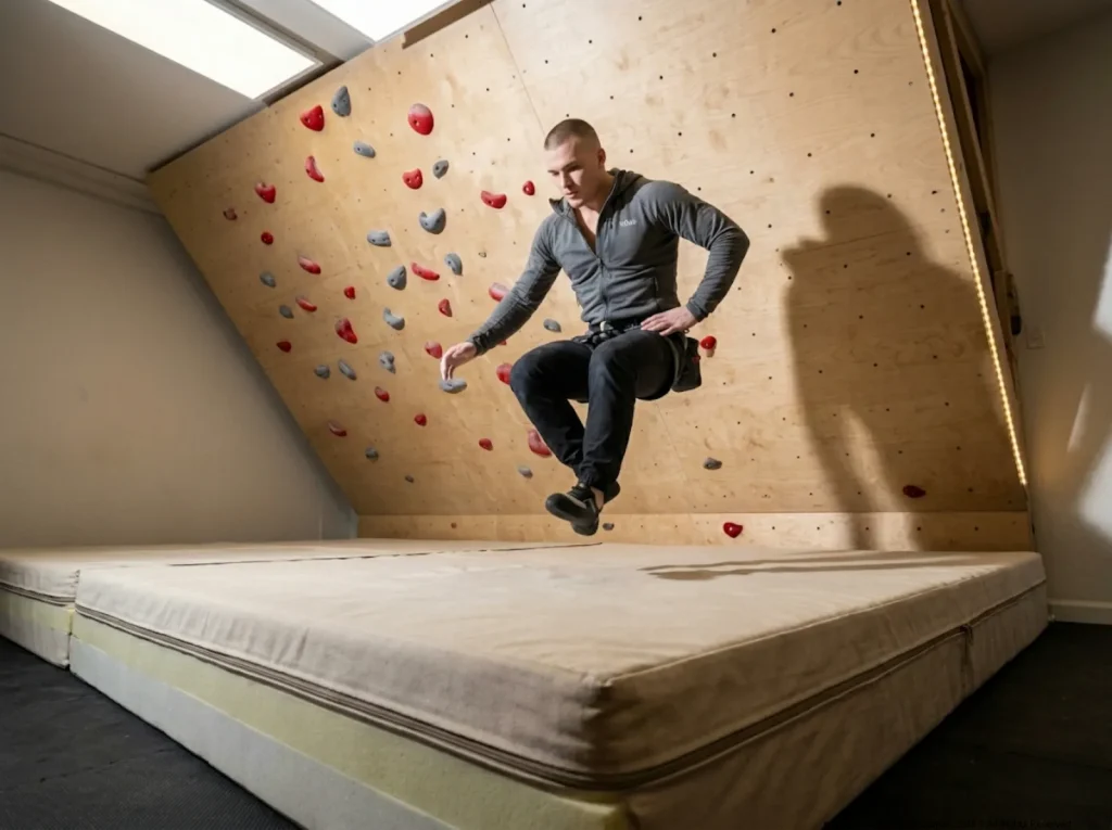 Climber falling under control onto a multi-layer foam landing system below a home bouldering wall