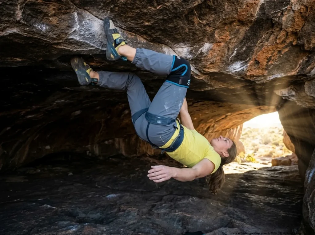 Female climber upside down doing a knee bar in a Hueco roof