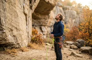 Horseshoe Canyon Ranch Climbing Guide (Arkansas) Climber preparing gear at Horseshoe Canyon Ranch Arkansas