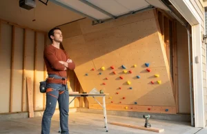 Build a Home Climbing Wall That Won’t Fail Builder inspecting a 45-degree home climbing wall under construction in a garage — how to build a home climbing wall guide