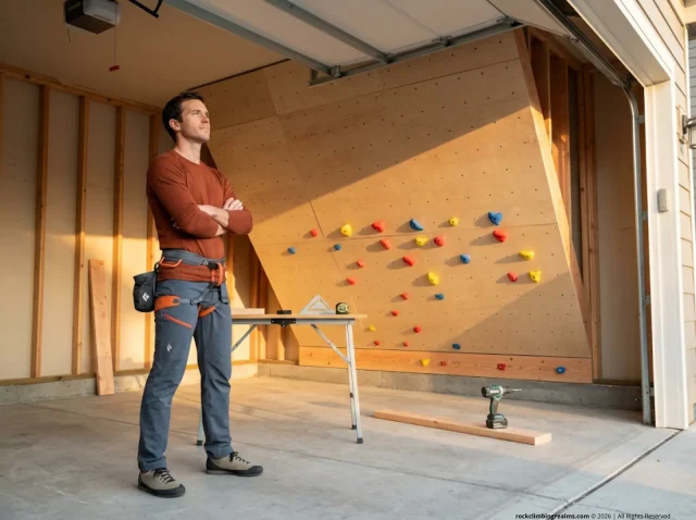 how-to-build-home-climbing-wall-hero Builder inspecting a 45-degree home climbing wall under construction in a garage — how to build a home climbing wall guide