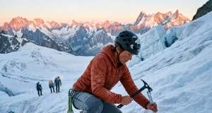 How to Build a Snow Anchor That Holds in Any Snow Mountaineer building a snow anchor on a steep glacier slope at dawn with ice axe and snow picket
