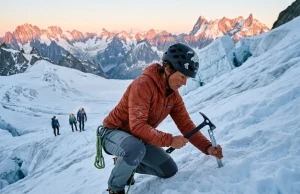 How to Build a Snow Anchor That Holds in Any Snow Mountaineer building a snow anchor on a steep glacier slope at dawn with ice axe and snow picket