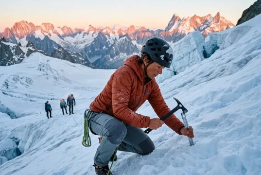 How to Build a Snow Anchor That Holds in Any Snow Mountaineer building a snow anchor on a steep glacier slope at dawn with ice axe and snow picket