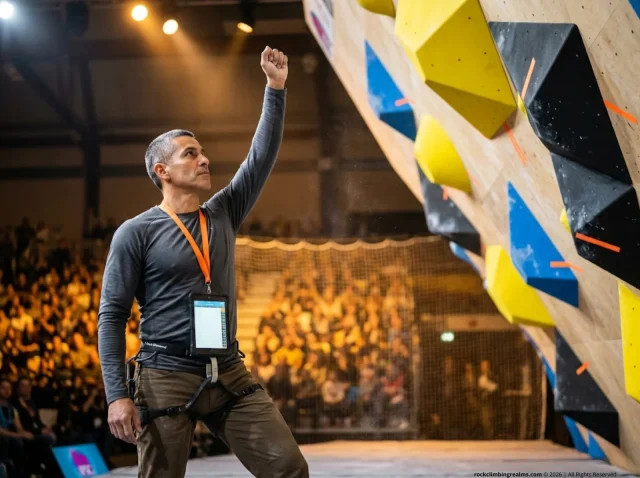 how-to-judge-climbing-competition-scoring-hero Competition climbing judge raises hand to confirm a Top score at IFSC-style bouldering event