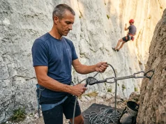 Partner Stuck? How to Lower a Climber Safely Belayer managing GriGri with brake strand redirect at limestone sport crag, how to lower a climber safely