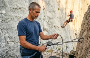 Partner Stuck? How to Lower a Climber Safely Belayer managing GriGri with brake strand redirect at limestone sport crag, how to lower a climber safely